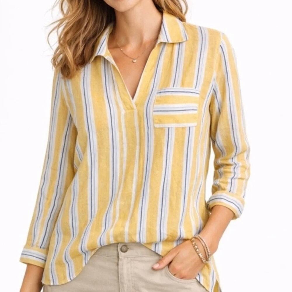 J. Jill Love Linen 100% Linen Striped Popover Shirt Yellow Blue XS